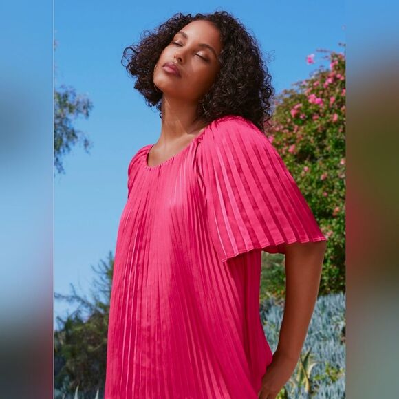 Johnny Was JADE Georginna Pleated Short Sleeve Satin Scoop Neck Pink Top Size M - Picture 2 of 7